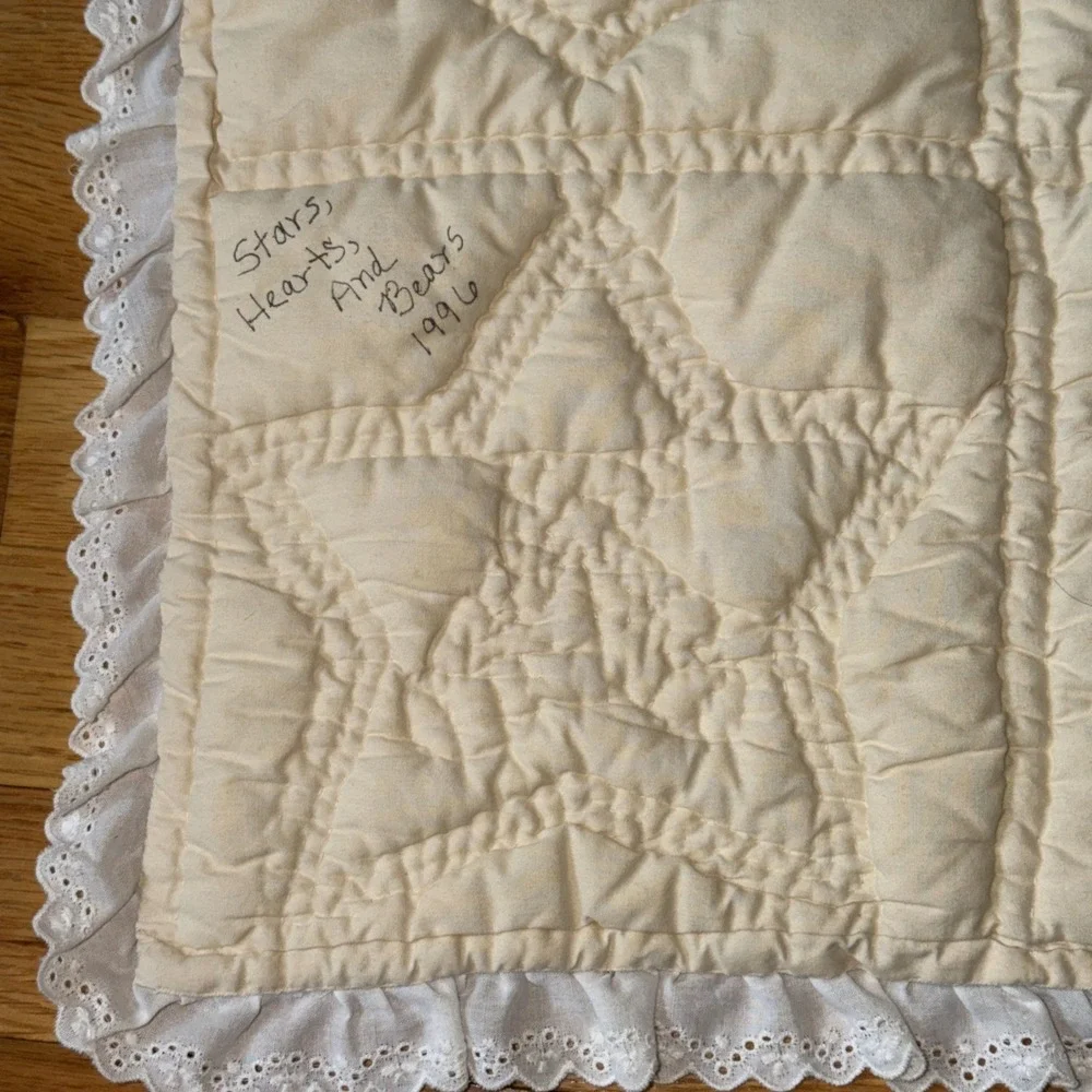 Handmade Teddy Bear Baby Quilt Pastel Crib Blanket Nursery 56x37 Vtg Cottagecore